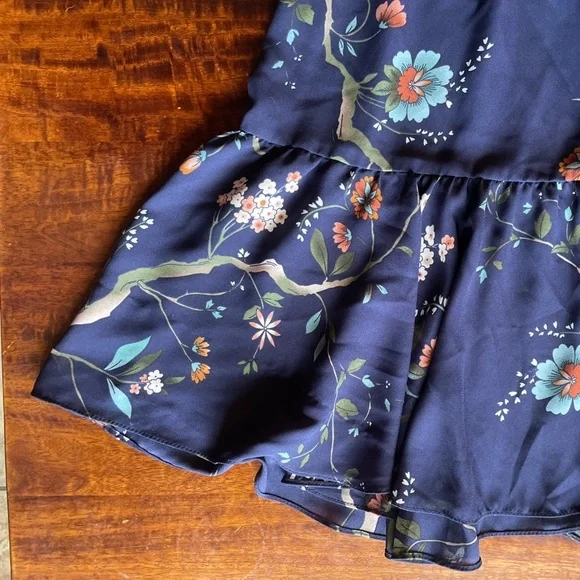 Nanette Lenore Floral Navy Shirred Waist Mock Neck Keyhole Button Tiered Dress - Picture 4 of 10